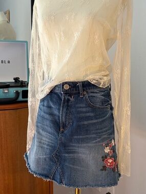 Express Flower Ebroidered Denim Skirt, Boho, Hippy, Preppy, Cottagecore, Wimsy